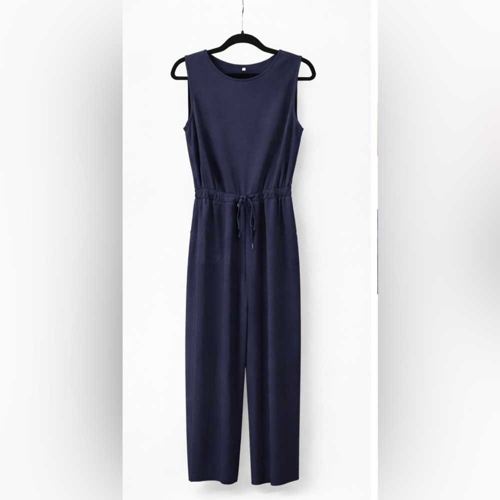 Navy Sleeveless Jumpsuit | Thick Luxe Fabric | Drawstring Waist | Size L